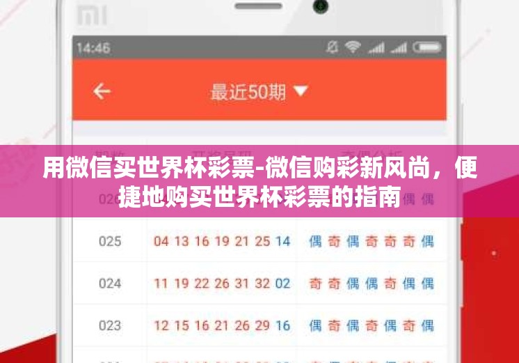 用微信买世界杯彩票-微信购彩新风尚，便捷地购买世界杯彩票的指南