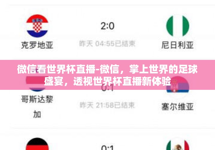 微信看世界杯直播-微信，掌上世界的足球盛宴，透视世界杯直播新体验