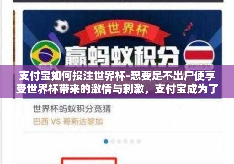 支付宝如何投注世界杯-想要足不出户便享受世界杯带来的激情与刺激，支付宝成为了众多足球迷们的得力助手——一个集便捷、安全、技术先进于一身的在线投注平台